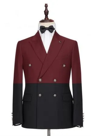 Prom Burgundy and Black Double Breasted Peaked Lapel Men's Suit
