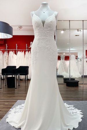 Mermaid V-neck Sleeveless Sweep / Brush Train Lace Bridal Gown With Ruffles