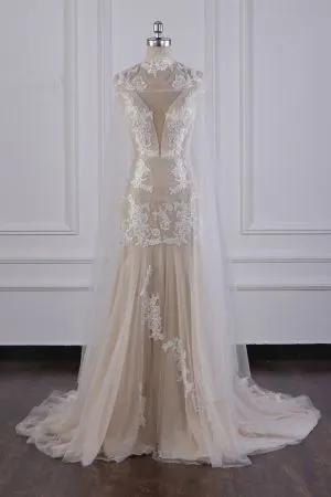 Mermaid High Neck Sleeveless Floor-length Tulle Wedding Dress With Lace