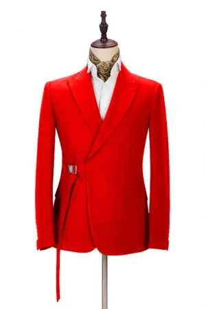 Bright Red Buckle Button Men's Formal Suit