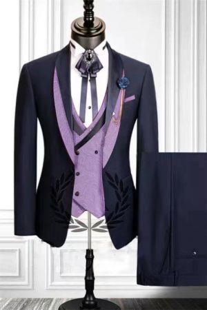 Navy Three Pieces  Men Suit with Shawl Lapel