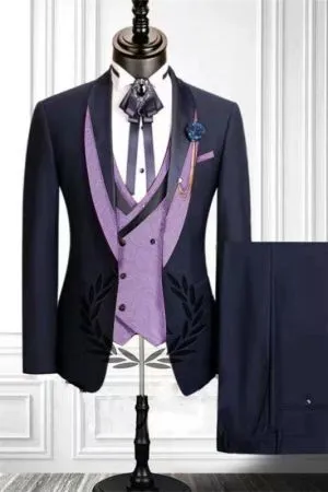 Navy Blue 3-Piece Suit with Purple Jacquard Shawl Lapel