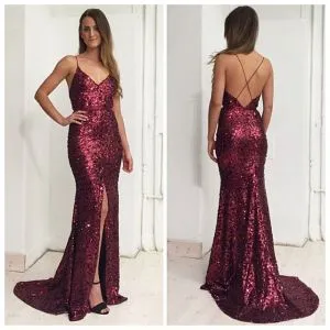 Mermaid V-neck Sleeveless Sweep / Brush Train Evening Dress With Sequins