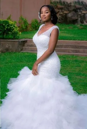 Mermaid V-neck Sleeveless Court Train Bridal Attire With Beading