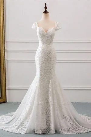 Column Sweetheart Neck Short Sleeves Sweep / Brush Train Lace Bridal Gown With Lace