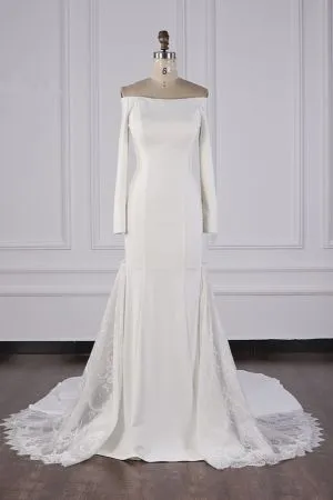 Column Off-the-shoulder Long Sleeves Floor-length Satin Wedding Dress With Appliques