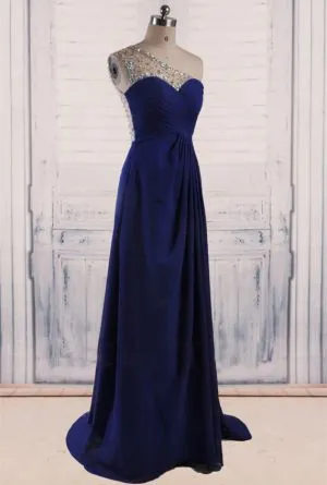 A-line One Shoulder Sleeveless Sweep / Brush Train 100D Chiffon Evening Gown With Crystal