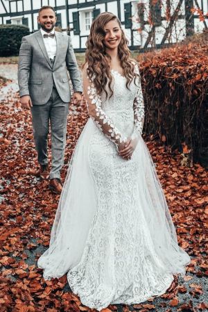 Mermaid Sweetheart Neck Long Sleeves Sweep / Brush Train Tulle Bridal Gown With Lace