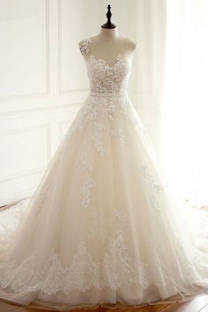 A-line Jewel Neck Sleeveless Floor-length Tulle Bridal Dress With Appliques