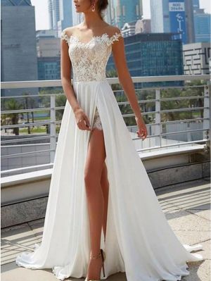 A-line Cap Sleeves Sweep / Brush Train Lace Bridal Gown With Lace