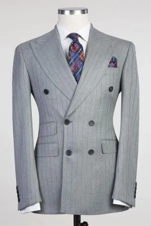 Grey Striped Double Breasted Peaked Lapel Business Men Suit