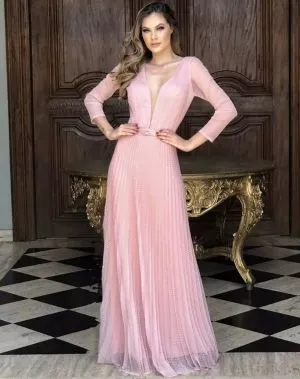 A-line V-neck Long Sleeves Floor-length Cocktail Party Dress