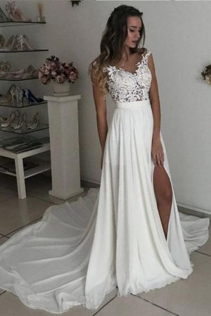 A-line V-neck Sleeveless Chapel Train 100D Chiffon Bridal Dress With Lace