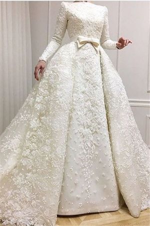 Jewel Ball-Gown Wedding Dress with Beaded Lace-Applique and Long Sleeves