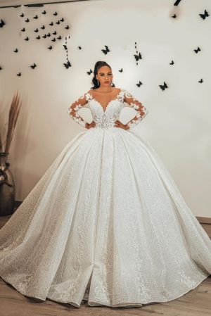 Sweetheart Neck Long Sleeves Sweep / Brush Train Wedding Dress With Lace