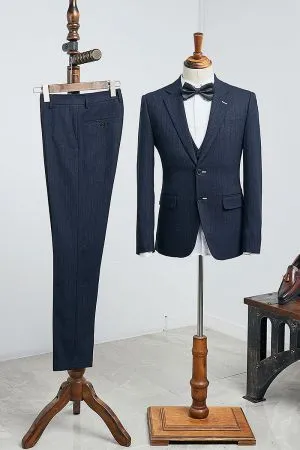 Navy Blue Striped 3 Pieces Custom Business Suit