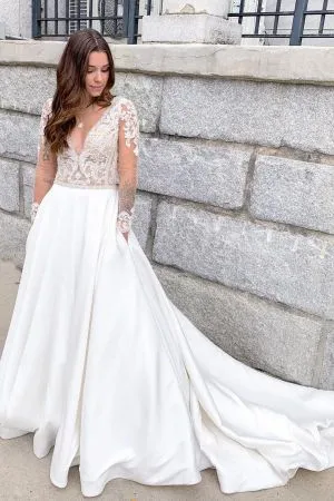 A-line V-neck Long Sleeves Chapel Train Satin Bridal Gown With Lace