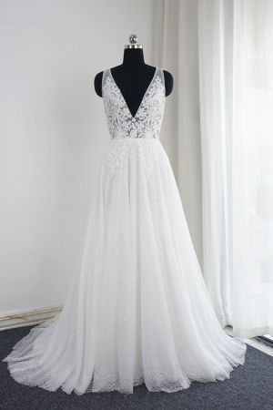 A-line V-neck Sleeveless Floor-length Tulle Bridal Attire With Lace