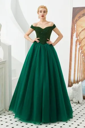 Off-the-shoulder Cap Sleeves Sweep / Brush Train Tulle Formal Dress With Beading