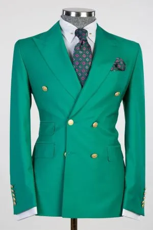 Jade Green Double Breasted Wool Blend Suit with Gold Buttons