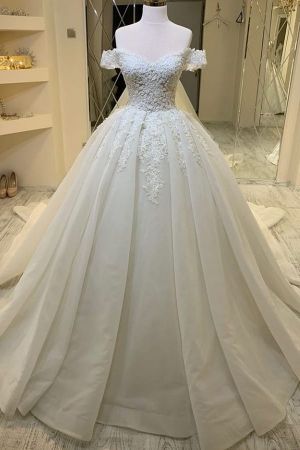 A-line Off-the-shoulder Sleeveless Court Train Organza Wedding Gown With Ruffles