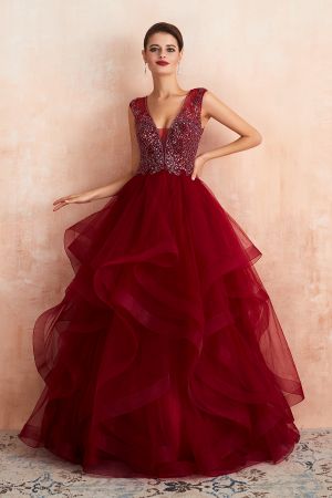 Ball Gown V-neck Sleeveless Sweep / Brush Train Tulle Evening Dress With Sequins