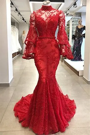 Mermaid High Neck Sweep / Brush Train Formal Dress With Lace