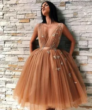A-line Plunging Neckline Sleeveless Tea-length Tulle Cocktail Party Dress
