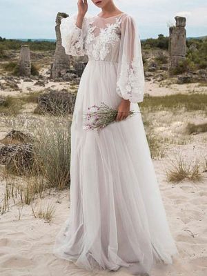 A-line Long Sleeves Sweep / Brush Train Lace Bridal Attire With Lace