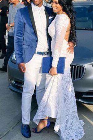 Blue Velvet Prom Suit with One Button