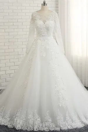 A-line Jewel Neck Long Sleeves Floor-length Tulle Wedding Dress With Sequins