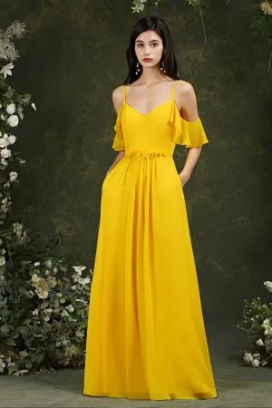A-line Spaghetti Straps Sweetheart Neck Cap Sleeves Floor-length 100D Chiffon Bridesmaid Gown With Pockets