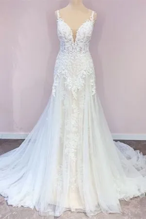 A-line Sweetheart Neck Sleeveless Sweep / Brush Train Tulle Bridal Gown With Lace