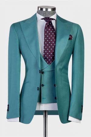 Green Peaked Lapel Two Buttons Business Men Suit