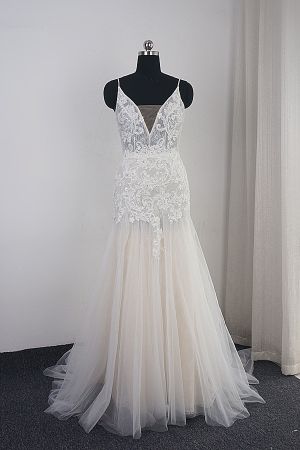 A-line Spaghetti Straps V-neck Sleeveless Floor-length Tulle Bridal Gown With Ruffles