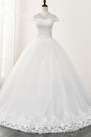 Ball Gown Jewel Neck Short Sleeves Floor-length Tulle Bridal Attire With Lace