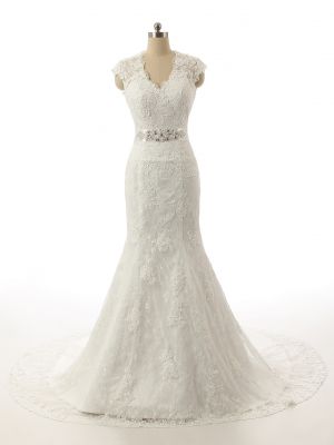 Mermaid V-neck Sweep / Brush Train Bridal Attire With Lace
