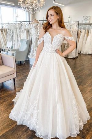 A-line Off-the-shoulder Sleeveless Court Train Tulle Wedding Gown With Lace
