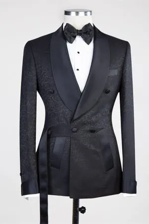 Black Double Breasted Jacuqard Wedding Suit with Shawl Lapel