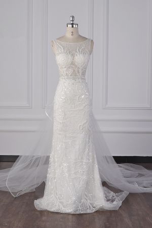 Column Jewel Neck Sleeveless Floor-length Tulle Bridal Attire With Appliques
