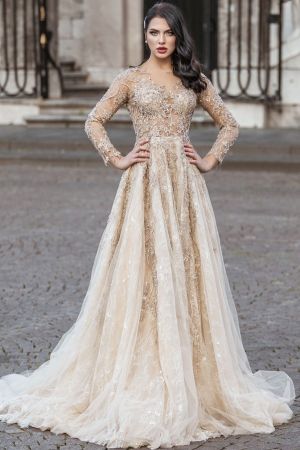 Column Jewel Neck Long Sleeves Court Train Tulle Bridal Dress With Pearls