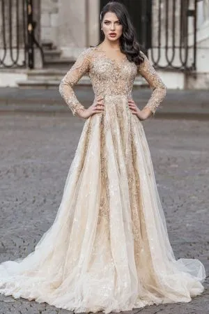 Column Jewel Neck Long Sleeves Court Train Tulle Bridal Dress With Pearls