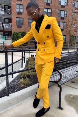 Yellow Double Breasted Peaked Lapel Men Suit