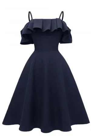 Celeste Off-the-Shoulder Ruffle Stretch Satin A-Line Cocktail Dress with Spaghetti Straps