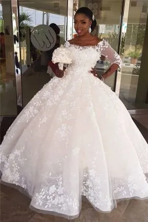 Ball Gown Square Neck Sweep / Brush Train Tulle Wedding Dress With Appliques