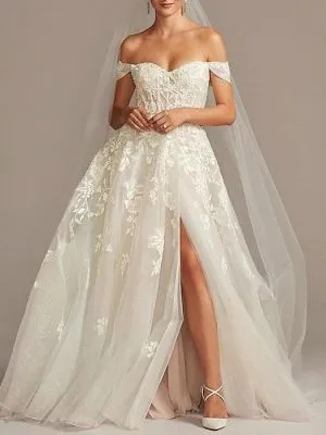 A-line Off-the-shoulder Sleeveless Sweep / Brush Train Lace Wedding Gown With Lace
