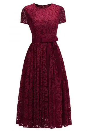 A-line Jewel Neck Short Sleeves Tea-length Lace Bridesmaid Dress With Ribbons