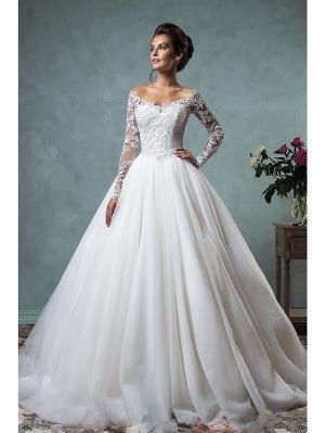 A-line Long Sleeves Court Train Tulle Wedding Gown With Lace