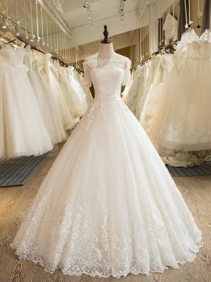 Ball Gown Off-the-shoulder Half-Sleeves Floor-length Tulle Wedding Dress With Appliques