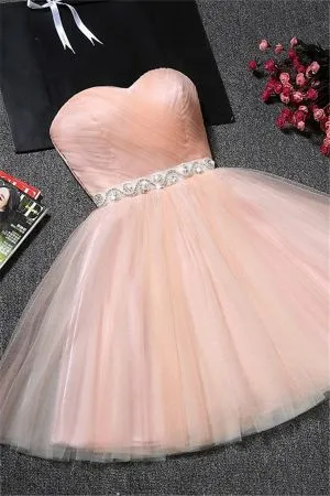A-line Sweetheart Neck Sleeveless Mini Tulle Homecoming Dress With Crystal